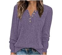 Jumpers for Women UK Half Button Ribbed Knitted Ladies Sweater Tops V Neck Long Sleeve Fall Warm Blouse Solid Colour Knitwear Comfy Elegant Sweatshirts Casual Cozy Outdoor Hiking Shirts Purple