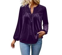 Jumpers for Women Uk Ladies Velvet Button Up V Neck Velour Tops Swing Long Sleeve Tunic Blouse Elegant Soft Henley Shirt Sweaters Evenings Out Special Occasions Purple XXL