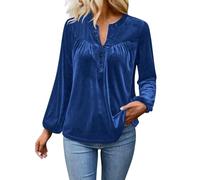 Jumpers for Women Uk Ladies Velvet Button Up V Neck Velour Tops Swing Long Sleeve Tunic Blouse Elegant Soft Henley Shirt Sweaters Evenings Out Special Occasions Blue XXL