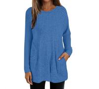 Jumpers for Women UK Lightweight Comfortable Sweater with Pockets Casual Round Neck Long Sleeve Tunic Tops To Wear with Leggings Fashion Elegant Long Knit Jumper Sweater Blue