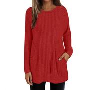 Jumpers for Women UK Lightweight Comfortable Sweater with Pockets Casual Round Neck Long Sleeve Tunic Tops To Wear with Leggings Fashion Elegant Long Knit Jumper Sweater Red