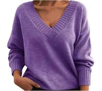 Jumpers for Women UK Lightweight Knitted Tops V Neck Jumpers Long Sleeve Casual Knit Pullover Sweater Loose Knitted Shirts Elegant Knitted Sweater Loose Comfy Knitwear Purple