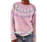 Jumpers for Women UK Long Sleeve Crew Neck Fairisle Jumper Women Knitted Fair Isle Print Retro Sweater Loose Crewneck Casual Cropped Women's Sweatshirts Fall Soft Ladies Tops Pink