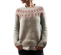 Jumpers for Women UK Long Sleeve Sweaters Casual Loose Crewneck Norwegian Sweater Women's Knitted Isle Print Retro Sweater Pullover Tops (Khaki, XXXXXL)