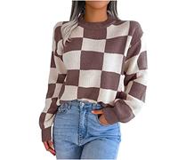 Jumpers for Women UK Plaid Color Block Sweater Crew Neck Pullover Long Sleeve Autumn Winter Jumpers Ladies Cable Knit Sweaters Tops Loose Sweatshirts Casual Fashion Trendy Blouses Coffee