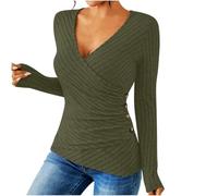 Jumpers for Women UK Ribbed Knit V Neck Front Cross Ladies Tops with Side Button Solid Colour Pullover Stretch Classic Fit Sweatshirts Tunic Blouses Hiking Holiday Shirts Green