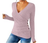 Jumpers for Women UK Ribbed Knit V Neck Front Cross Ladies Tops with Side Button Solid Colour Pullover Stretch Classic Fit Sweatshirts Tunic Blouses Hiking Holiday Shirts Pink