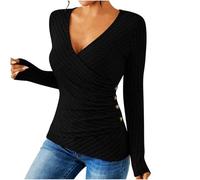 Jumpers for Women UK Ribbed Knit V Neck Front Cross Ladies Tops with Side Button Solid Colour Pullover Stretch Classic Fit Sweatshirts Tunic Blouses Hiking Holiday Shirts Black