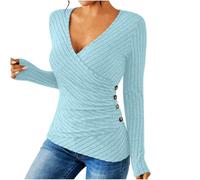 Jumpers for Women UK Ribbed Knit V Neck Front Cross Ladies Tops with Side Button Solid Colour Pullover Stretch Classic Fit Sweatshirts Tunic Blouses Hiking Holiday Shirts Blue