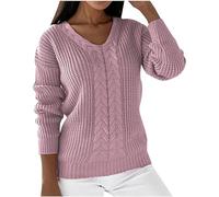 Jumpers for Women UK Sale Clearance Cable Knitted Long Sleeve Pullover Sweaters Plain Loose Tunics Tops V Neck Jumpers Knitted Sweater Solid Color Casual Sweatshirt Ladies Elegant Knitwear Pink