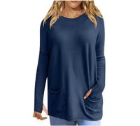Jumpers for Women UK Sales Clearance Womens Long Sleeve Tops Casual Round Neck Jumpers Ladies Solid Lightwight Knit Tunic with Pocket Baggy Long Sleeve Pullover Sweater Tops Navy