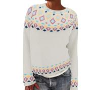 Jumpers for Women UK Women's Knitted Isle Print Retro Sweater Casual Loose Crewneck Long Sleeve Lightweight Cropped Pullover Tops Fall Outfits (White, XXXXL)