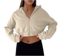 Jumpers for Women UK Zip Up Hoodie Women UK Cropped Sweatshirts Long Sleeve Pullover Solid Color Sports Gym Running Crop Tops Jacket Sportswear Streetwear Trendy Y2K Loose Ladies Blouses Khaki