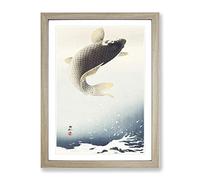 Jumping Carp Fish By Ohara Koson Asian Japanese Framed Wall Art Print, Ready to Hang Picture for Living Room Bedroom Home Office Décor, Oak A2 (64 x 46 cm)