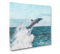Jumping Dolphin Abstract Painting Modern Canvas Wall Art Print Ready to Hang, Framed Picture for Living Room Bedroom Home Office Décor, 20x20 Inch (50x50 cm)