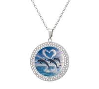 Jumping Dolphins Blue Ocean Womens Necklace Round Jewelry Diamond Pendant Necklaces for Party