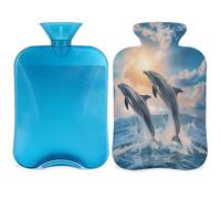 Jumping Dolphins Hot Water Bottle with Cover, Ocean Dolphins 2L Hot Water Bag for Pain Relief, Neck Soft and Shoulder, Hand Feet Warmer, Hot and Cold Compress for Adult Kids