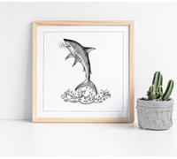Jumping Shark black and white sketch Stunning Framed Wall Art Picture Print Square - 25cm wide x 25cm high - Light Oak Frame