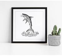Jumping Shark black and white sketch Stunning Framed Wall Art Picture Print Square - 25cm wide x 25cm high - Black Frame
