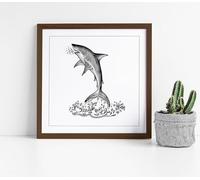 Jumping Shark black and white sketch Stunning Framed Wall Art Picture Print Square - 25cm wide x 25cm high - Walnut Frame