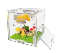 Jumping Spider Enclosure, 4" X 4" X 4" Acrylic Spider Habitat, Front Opening Small Reptile Terrarium with Matrix Ventilation Holes & Feeding Holes, for Jumping Spider Snail Insect