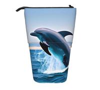 Jumping up Dolphins Expandable Stand Pencil Pouch, Multi-Design Oxford Fabric, Adjustable Height, Multi-Use Cosmetic Bag