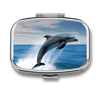 Jumping Up Dolphins Pill Box 2 Compartment Portable Travel Pill Case with Mirror Square Metal Medicines Storage Container Pocket Medicine Box to Hold Vitamins Fish Oil