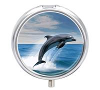 Jumping Up Dolphins Pill Box 3 Compartment Portable Travel Pill Case with Mirror Round Metal Medicines Storage Container Pocket Medicine Box to Hold Vitamins Fish Oil