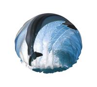 Jumping up dolphins Printed Shower Cap For Women Double Layer Waterproof Bath Hair Hat Reusable Bath Caps Elastic Hair Protection Ladies Spa Salon Bathing Shower Hat