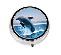 Jumping up Dolphins Round Mini Pill Box: 3-Compartment Portable Metal Pill Organizer with Snap Closure, Ideal for Daily Travel Use