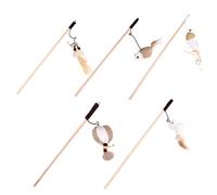 JUMPLAWN 5pcs Cat Teaser Stick Set with Linen Feather and Bell Accessories for Interactive Play and Exercise to Keep Cats Fit and Active Indoors Assorted style