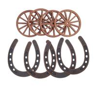 JUMPLAWN 8pcs Mini Lucky Horseshoe and Wagon Wheel Set, Plastic Micro Landscape Decor with Rustic Brown Finish, for Western Theme Party Decoration and Miniature Garden Table Centerpieces