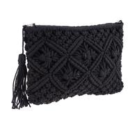 JUMPLAWN Cotton Woven Handbag with Tassel Zipper Large Capacity Black | Summer Beach Travel Use, Lightweight Portable Design, Women’s Style, Hollow Clutch Format