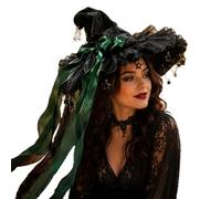 Jumprup Women Halloween Witch Costume Hat Retro Gothic Wizard Accessory Hat | Ruffle trim, star and moon tassels, the ultimate dark academy accessory to complete your witchy silhouette in style