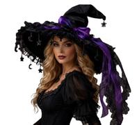 Jumprup Women Halloween Witch Costume Hat Retro Gothic Wizard Accessory Hat | Ruffle trim, star and moon tassels, the ultimate dark academy accessory to complete your witchy silhouette in style