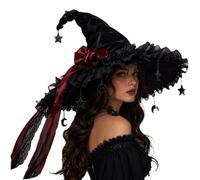Jumprup Women Halloween Witch Costume Hat Retro Gothic Wizard Accessory Hat | Ruffle trim, star and moon tassels, the ultimate dark academy accessory to complete your witchy silhouette in style