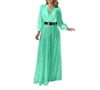 Jumpsuit Damen Sommer Lang - Elegant Jumpsuit With V Neck Long Sleeves Shirt Collar Wrap Waist Flared Wide Leg Pants Sparkling Sequins Evening Party Wear Casual Outfit (Mint Green Xl)