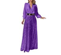 Jumpsuit Damen Sommer Lang - Elegant Jumpsuit With V Neck Long Sleeves Shirt Collar Wrap Waist Flared Wide Leg Pants Sparkling Sequins Evening Party Wear Casual Outfit (Dark Purple L)
