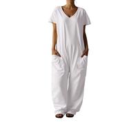 Jumpsuit for Women -Ladies Playsuit Solid V Neck Casual Comfortable Loose Oversized Pocket Low Grade (White XXL)