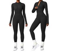 Jumpsuit for Women Ribbed Long Sleeve Jumpsuits Seamless Yoga Unitards Zip Up Ladies Romper All In One Jumpsuit Playsuit (Black,M)