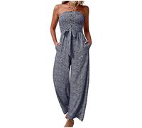 Jumpsuit for Women UK Bandeau Strapless Playsuit Sexy Summer Playsuits Casual Sleeveless Romper Button Belted Elegant Polka Dot Print Dungarees High Waisted Wide Leg Pants Trousers with Pockets Sale