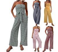 Jumpsuit for Women UK Bandeau Strapless Playsuit Sexy Summer Playsuits Casual Sleeveless Romper Button Belted Elegant Polka Dot Print Dungarees High Waisted Wide Leg Pants Trousers with Pockets Sale
