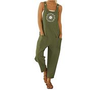 Jumpsuit for Women UK Summer Dungarees Loose Plus Size Wide Leg Rompers with Pockets Cold Shoulder Suspender Overalls Solid Color High Waist Leisure Playsuit Loungewear Going Out Outfits (C1-Green, S)
