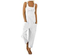 Jumpsuit for Women UK Summer Dungarees Loose Plus Size Wide Leg Rompers with Pockets Cold Shoulder Suspender Overalls Solid Color High Waist Leisure Playsuit Loungewear Going Out (51-White, XL)