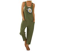 Jumpsuit for Women UK Summer Dungarees Loose Plus Size Wide Leg Rompers with Pockets Cold Shoulder Suspender Overalls Solid Color High Waist Leisure Playsuit Loungewear Going Out Outfits (D1-Green, M)
