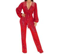 Jumpsuit for Women V Neck Lantern Sleeve Romper Sequin Glitter Playsuit Ladies Sparkle Wedding Party Clubbing Rompers High Waist Office Trousers Glitter Bling Clubwear