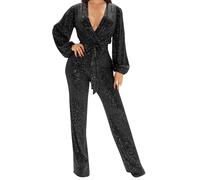 Jumpsuit for Women V Neck Lantern Sleeve Romper Sequin Glitter Playsuit Ladies Sparkle Wedding Party Clubbing Rompers High Waist Office Trousers Glitter Bling Clubwear