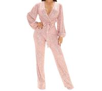 Jumpsuit for Women V Neck Lantern Sleeve Romper Sequin Glitter Playsuit Ladies Sparkle Wedding Party Clubbing Rompers High Waist Office Trousers Glitter Bling Clubwear