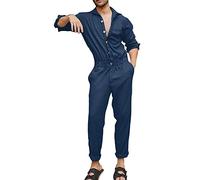 Jumpsuit Men Shorts Mens Spring and Autumn Fashion Leisure Solid Color Lapel Pocket Buckle Overalls Jumpsuit Flare Jumpsuits for Men (Dark Blue, M)