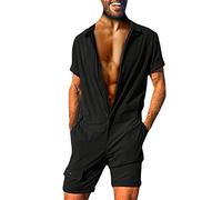 Jumpsuit Men's Short Overalls & Jumpsuits for Men Work Trousers Stretch Slim Fit Linen Overall Summer Work Overalls Dungarees Short Sleeve Romper with Buttons Tracksuit Jogging Suit, Aa-black, M